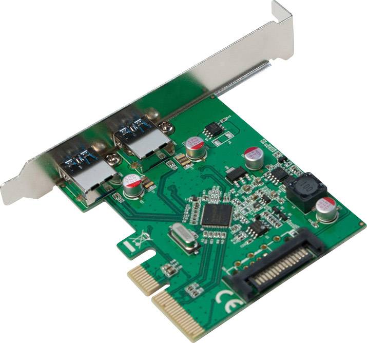 Une carte d'extension PCIe verte avec deux ports USB et un port SATA, utilisée pour étendre les fonctionnalités d'un ordinateur.