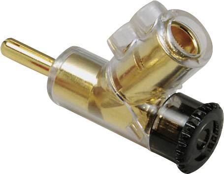 Une fiche en plastique transparent avec un raccord de couleur or et un verrou de rotation noir, utilisée pour les connexions électriques.