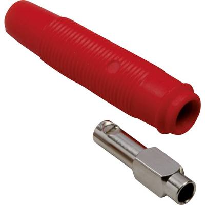 Un adaptateur rouge à surface striée en haut et un connecteur d'assemblage argenté en bas ; tous deux sont des accessoires électriques.