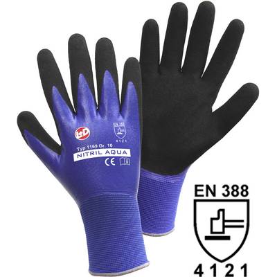 'Gants en nitrile, noir-bleu, avec norme de protection EN 388 ; protège contre les risques mécaniques avec niveau de protection 4121.'