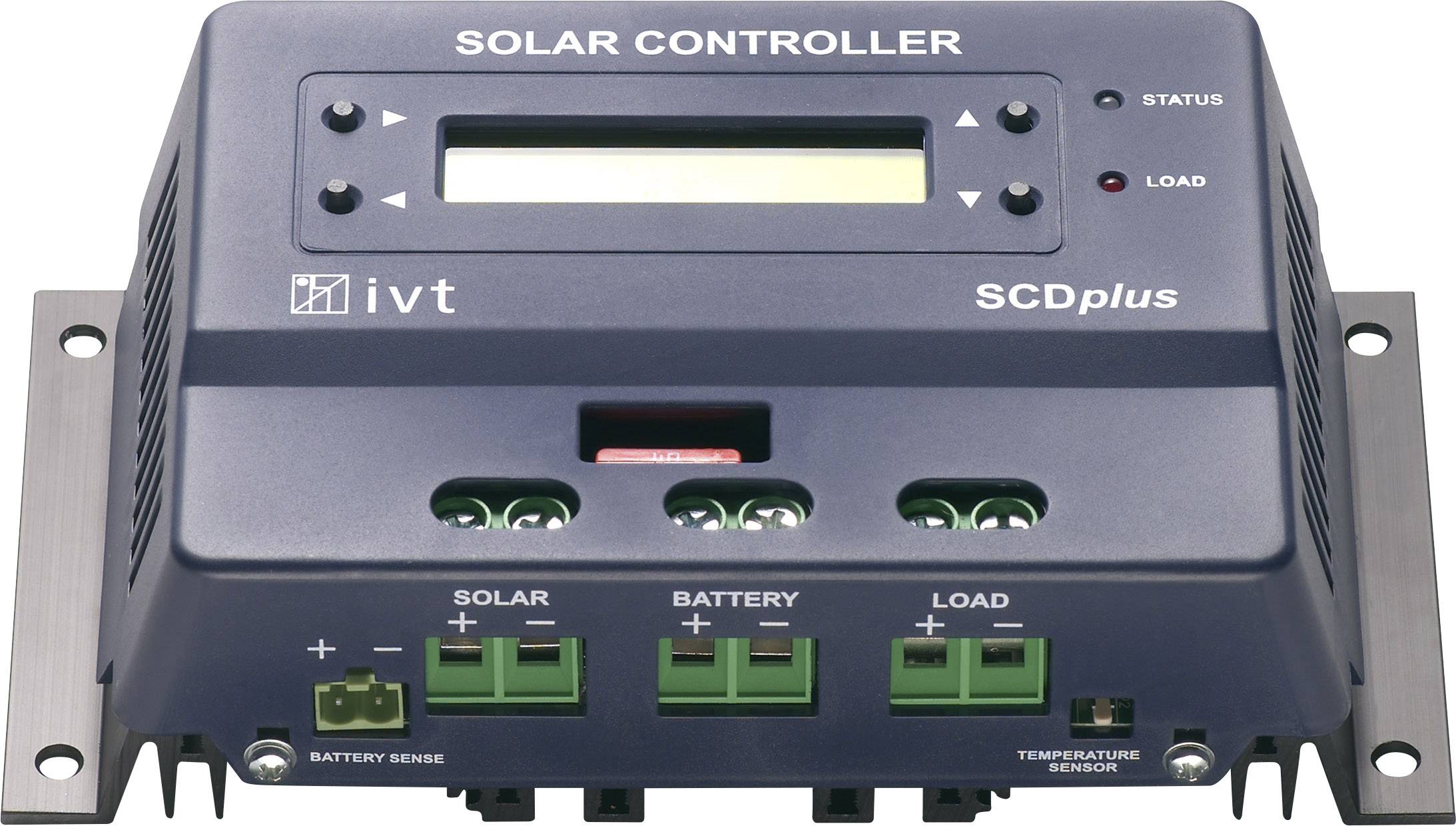 Contrôleur solaire SCDplus avec affichage LCD et connexions pour panneau solaire, batterie et charge. Affiche les informations de statut et de charge.