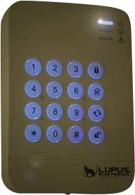 Clavier d'un système de sécurité avec des touches rétroéclairées, numérotées de 1 à 9, et des symboles de fonctions.