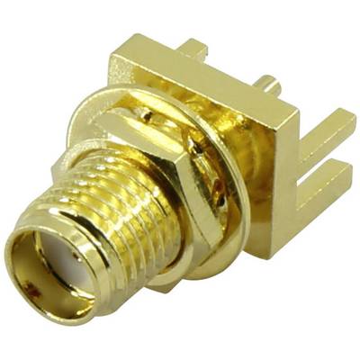 Connecteur coaxial doré, à angle droit, adapté au montage sur circuit imprimé dans les appareils électroniques.