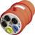 Une fiche industrielle rouge avec cinq connexions codées par couleur : L1, L2, L3, PE (vert-jaune), N (bleu) pour l'alimentation électrique.