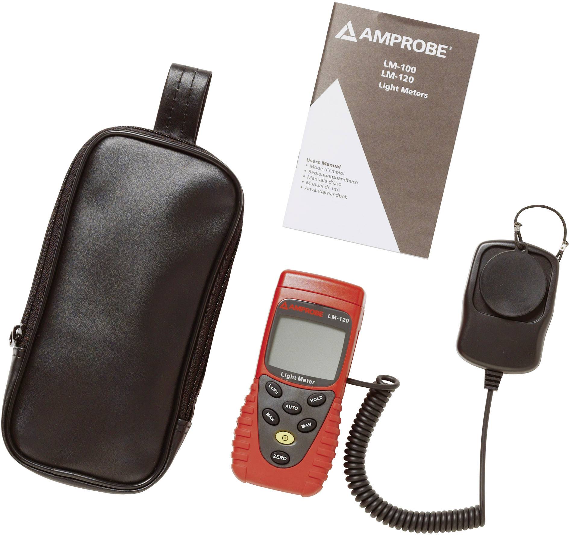 Ensemble de photomètre 'Amprobe' comprenant un appareil de mesure rouge, un étui de transport noir, un manuel d'utilisation et un capteur avec câble spiralé.
