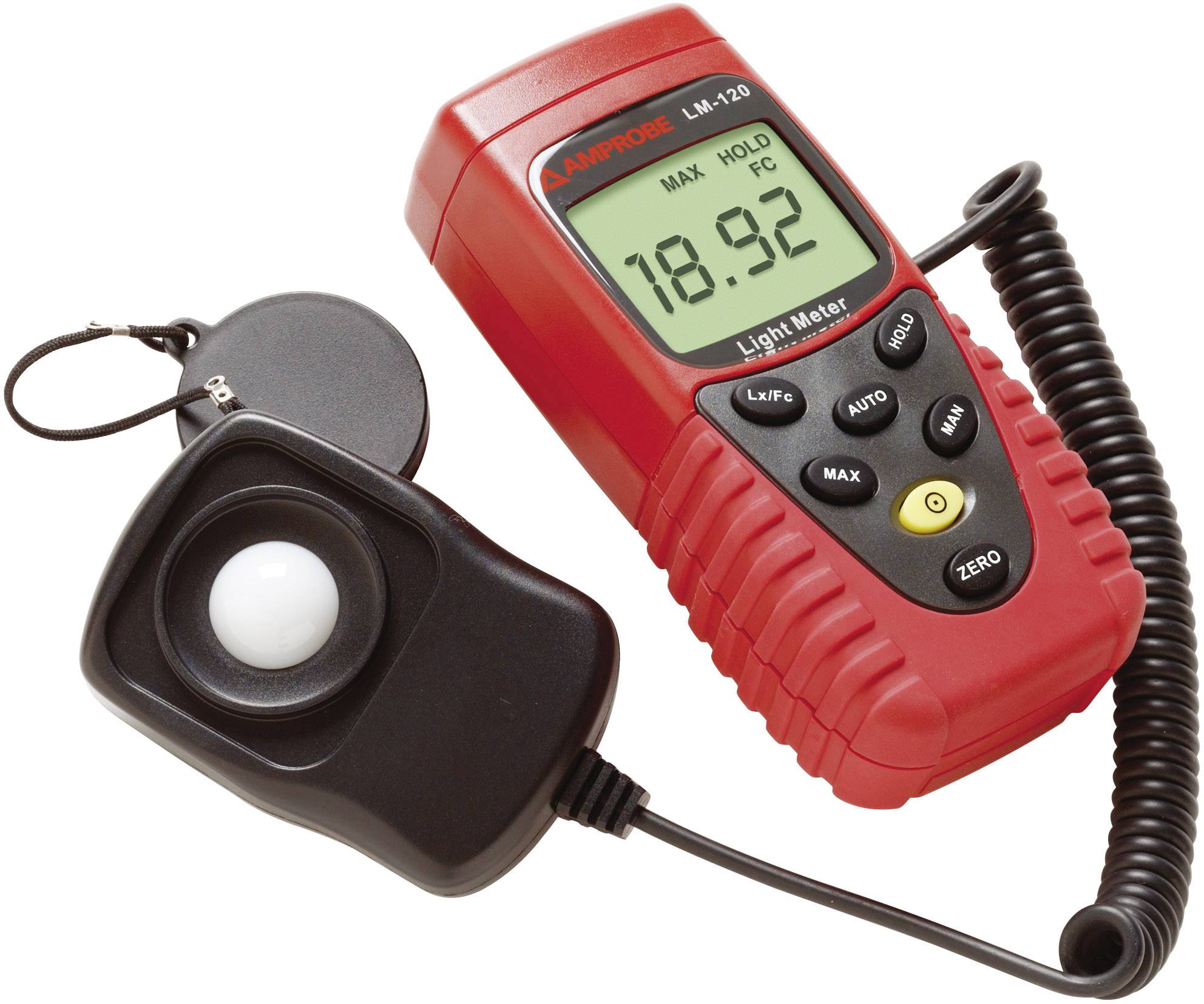 Appareil de mesure de luminosité avec boîtier rouge et affichage numérique indiquant '18,92'. Capteur relié par un câble spiralé.