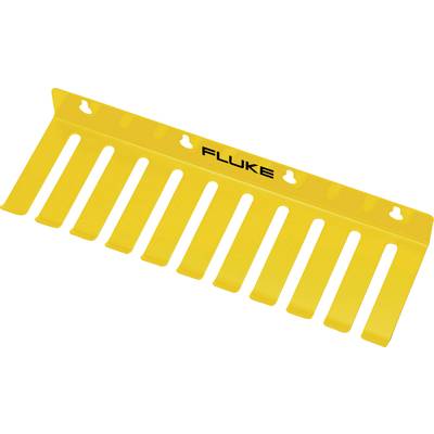 Étagère murale jaune avec support pour outils, comportant dix emplacements, sur laquelle est inscrit 'Fluke'.