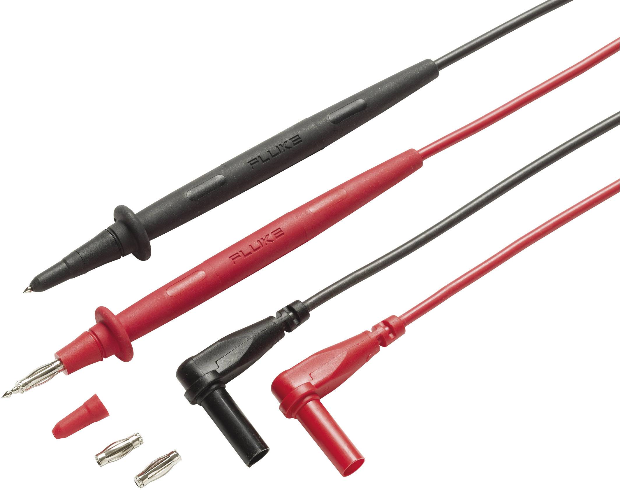 Deux câbles de mesure avec des embouts noirs et rouges, adaptés aux mesures de multimètre. Les accessoires sont également représentés.