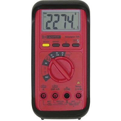 Un multimètre numérique rouge avec un affichage digital indique '2274 µA'. Commutateur rotatif et plusieurs bornes pour mesurer la tension, le courant et la température.