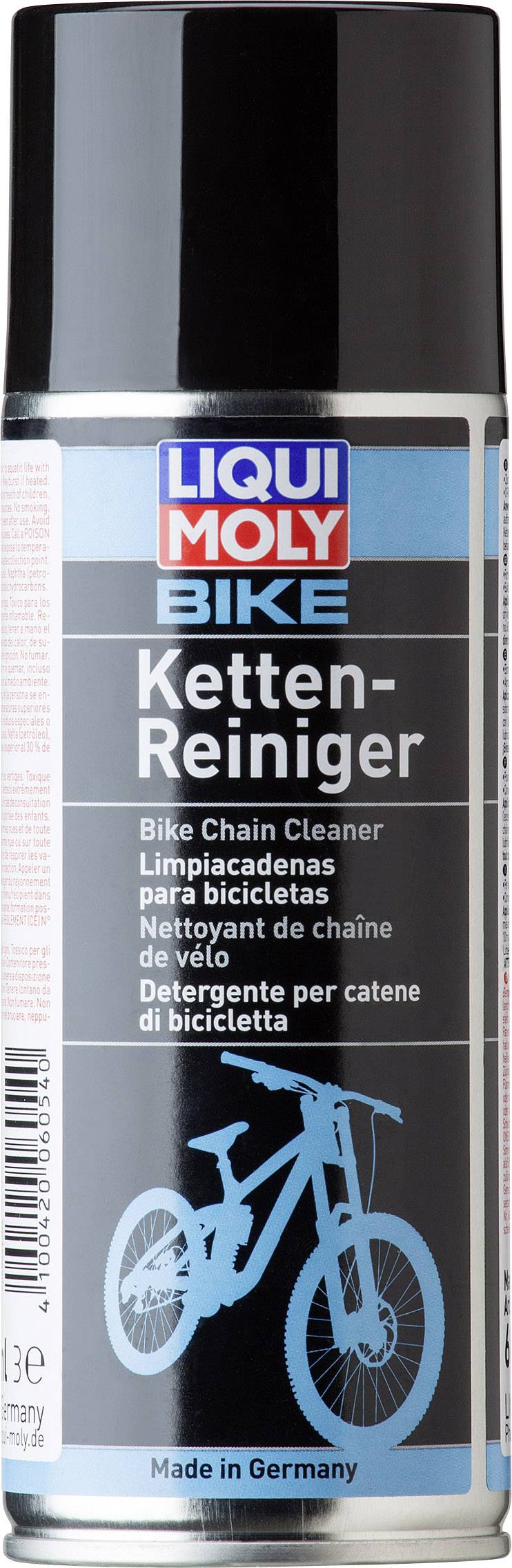Sur l'image, on peut voir un aérosol de 'Liqui Moly BIKE Nettoyant de Chaîne'. L'étiquette présente des instructions et des informations dans plusieurs langues.