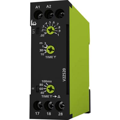 Module de relais temporel noir et vert avec boutons pour le réglage des paramètres temporels. Marquages 'A1', 'A2' et 'TIME Y'.