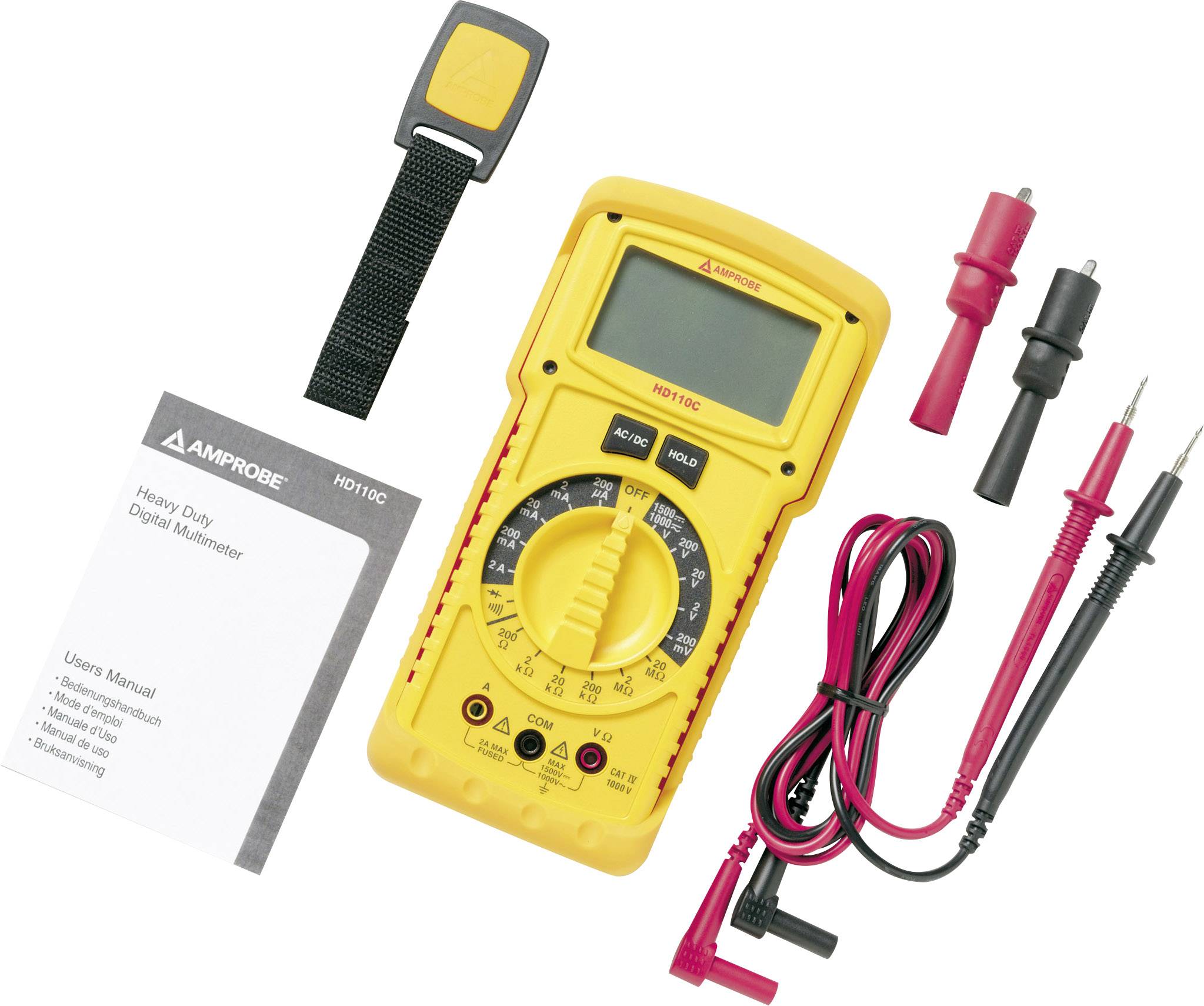 Ensemble de multimètre numérique Amprobe comprenant un multimètre jaune, des câbles de mesure noirs et rouges, une pince et un manuel d'utilisation.
