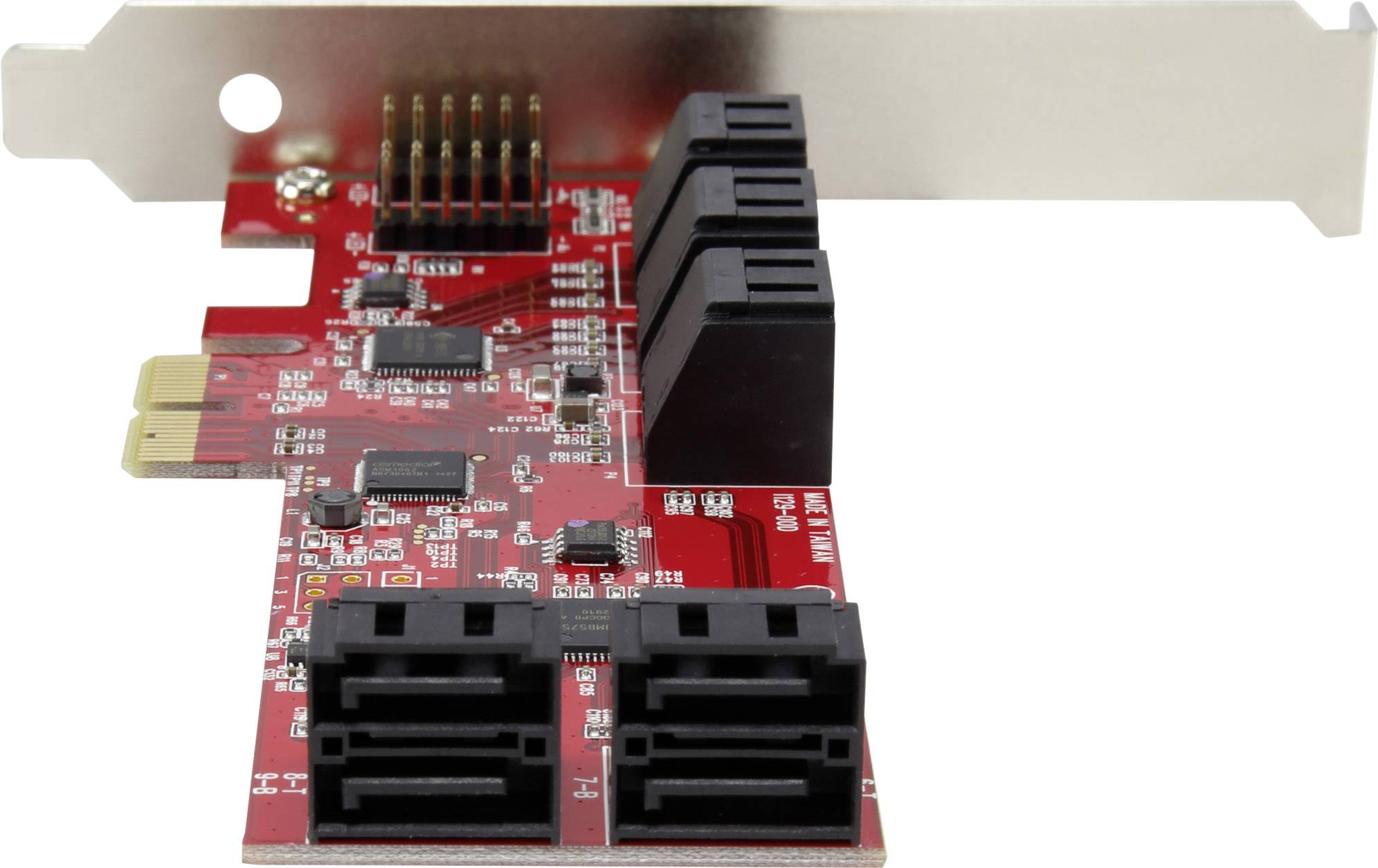 Une carte contrôleur PCIe-SATA rouge avec plusieurs ports SATA et un connecteur PCIe pour l'extension de PC de bureau.