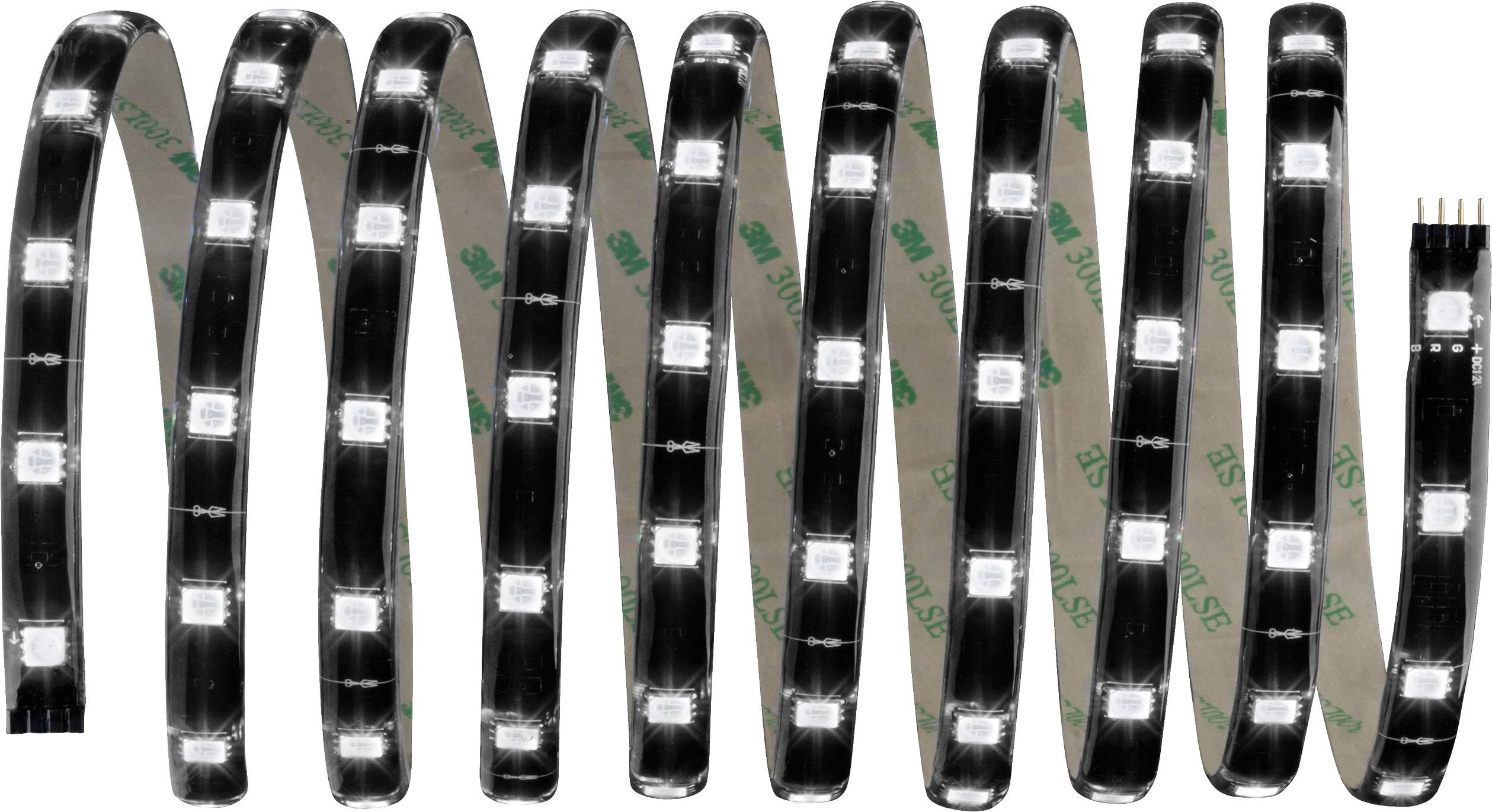 Bande lumineuse LED en spirale, enroulée avec un point de connexion visible à droite ; diodes LED luminescentes à intervalles réguliers.