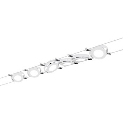 Un luminaire de plafond moderne avec six lampes LED rondes et ajustables montées sur une rail droite, au design minimaliste.