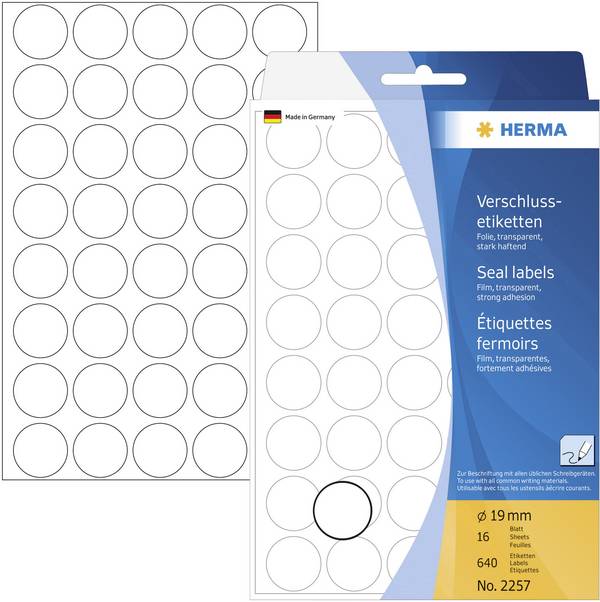 Herma 2257 Etiquette fermoirs Ø 19 mm film transparent 640 pc(s) fixation permanente  inscription à main