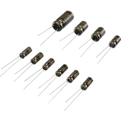 Plusieurs condensateurs électrolytiques radiaux avec fils de différentes tailles sur un fond blanc, présentés pour des applications électroniques.