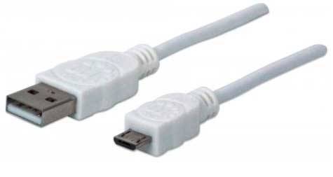 Deux câbles blancs : Une fiche USB à gauche, une fiche micro-USB à droite. Utilisés pour connecter des appareils à des ordinateurs ou des chargeurs.