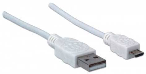 Deux câbles blancs, l'un avec une connexion USB et l'autre avec une connexion micro-USB, sont disposés parallèlement côte à côte.