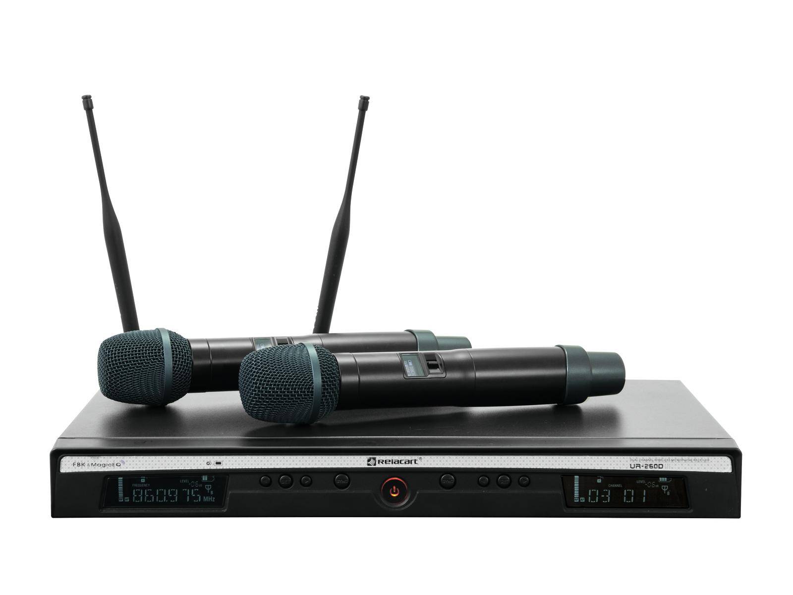 Deux microphones sans fil noirs avec des grilles bleues sur un dispositif récepteur noir équipé d'antennes, adapté pour des performances scéniques.