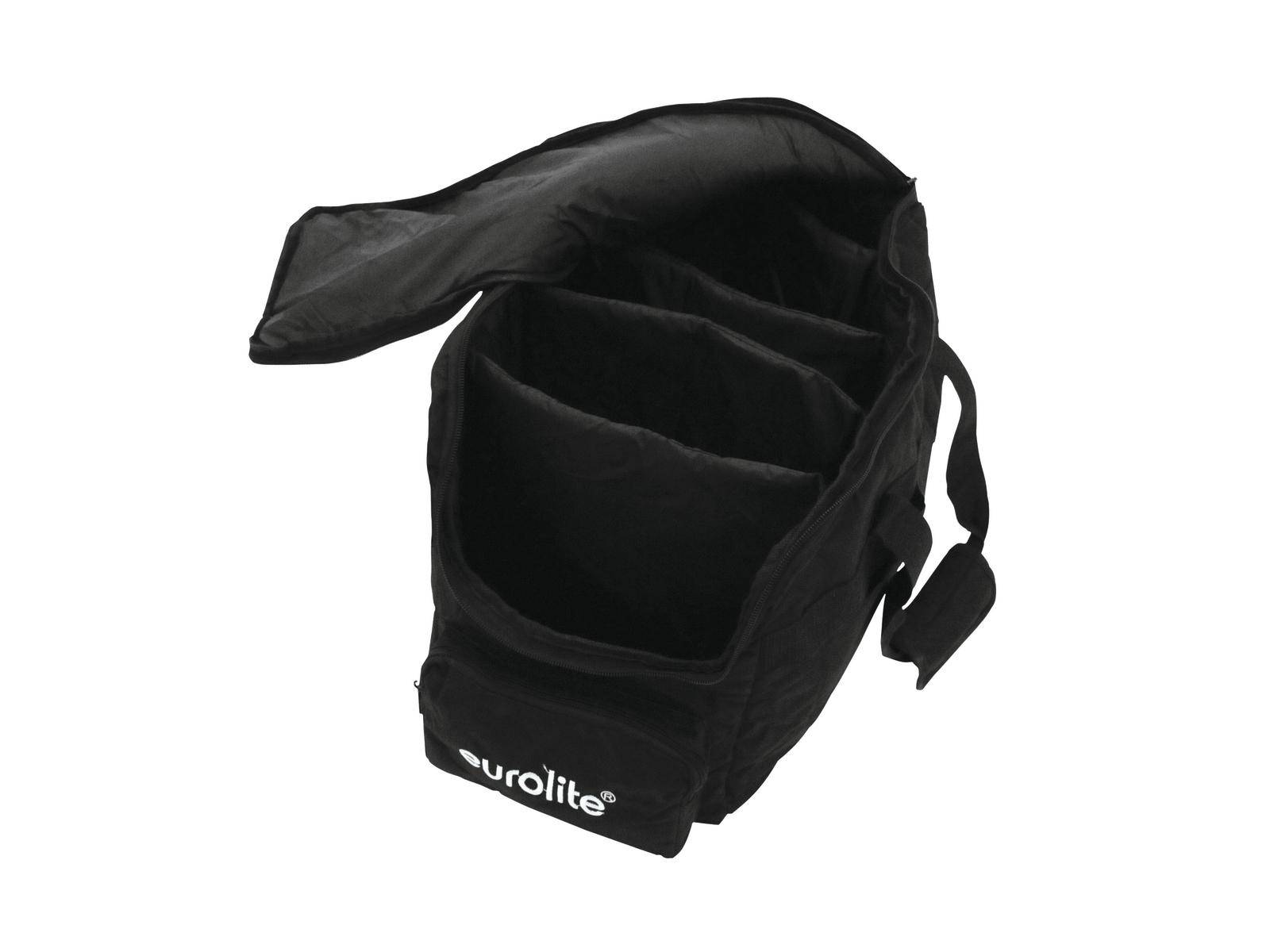Sac de transport noir avec rabat ouvert, trois compartiments rembourrés et logo 'eurolite' imprimé. Adapté au rangement de matériel.