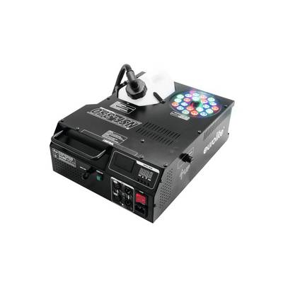 Une machine à fumée noire, modèle 'NS-250' d'Eurolite, avec éclairage LED, module de commande et connexions à l'avant.