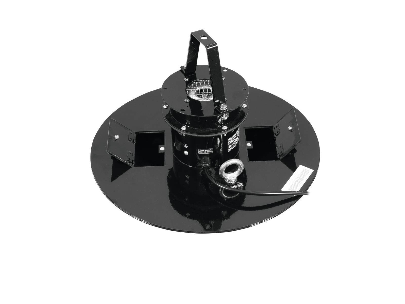 Un accessoire noir mécanique avec plusieurs supports et un câble. Probablement un composant technique ou une pièce de machine.