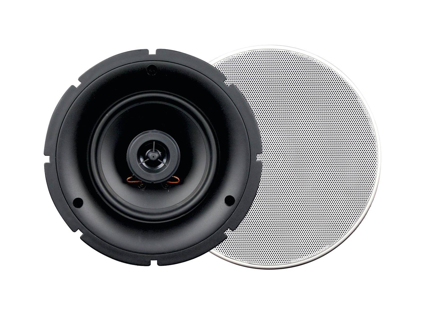 Sur l'image, on peut voir un haut-parleur rond noir sans sa grille, à côté d'une grille de haut-parleur blanche.
