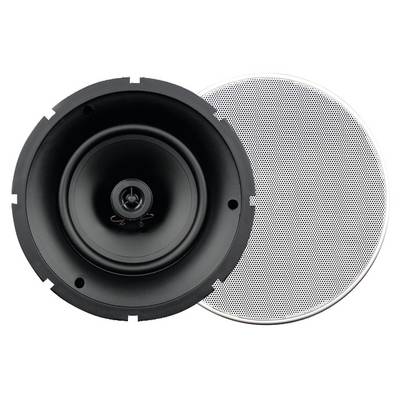 Haut-parleur rond avec sa grille blanche retirée, montrant la membrane noire du haut-parleur, sur un fond blanc.