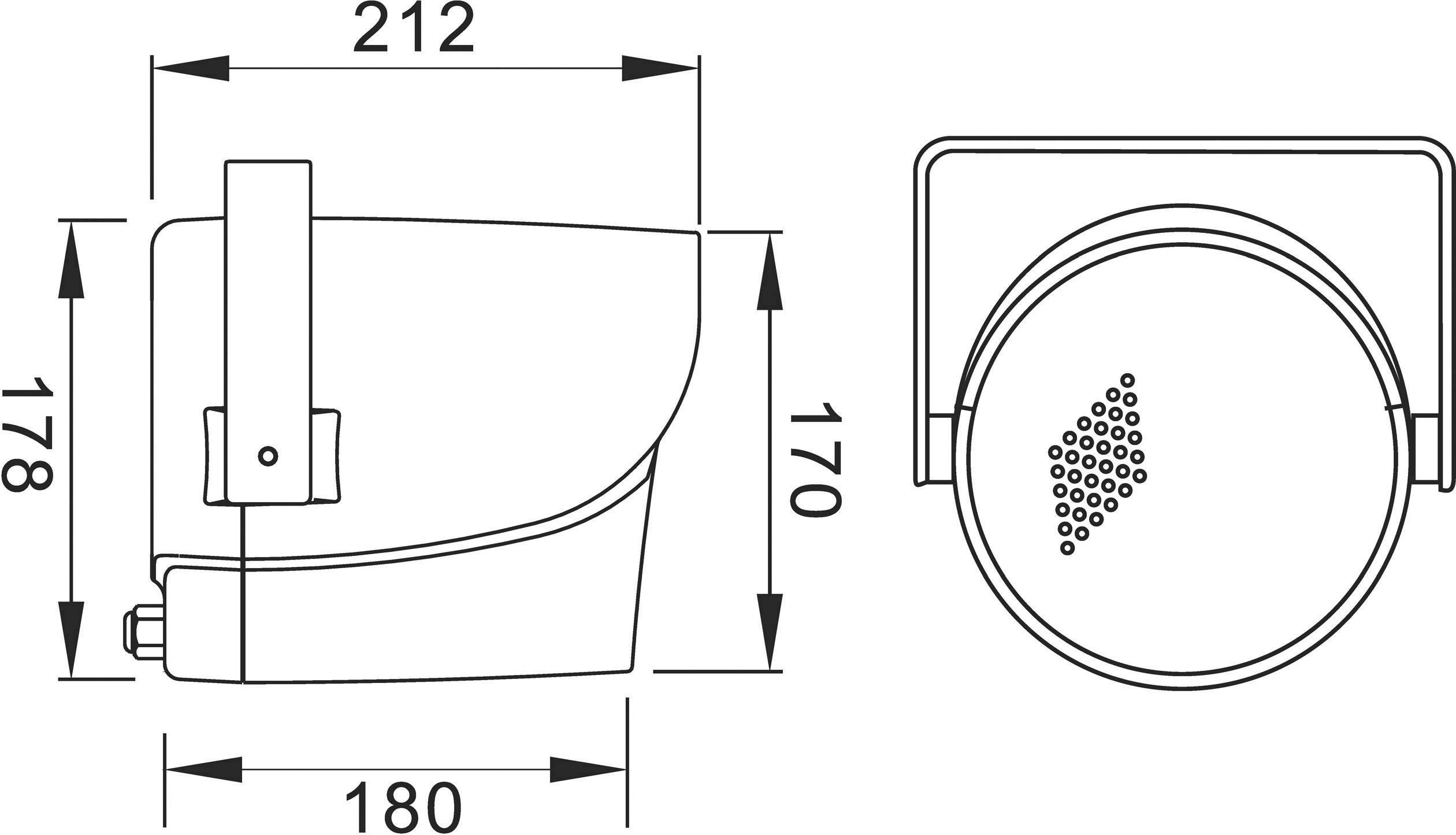 Dessin technique d'un projecteur LED carré avec dimensions : largeur 212 mm, hauteur 178 mm, profondeur 180 mm. Un diffuseur rond est situé en haut.
