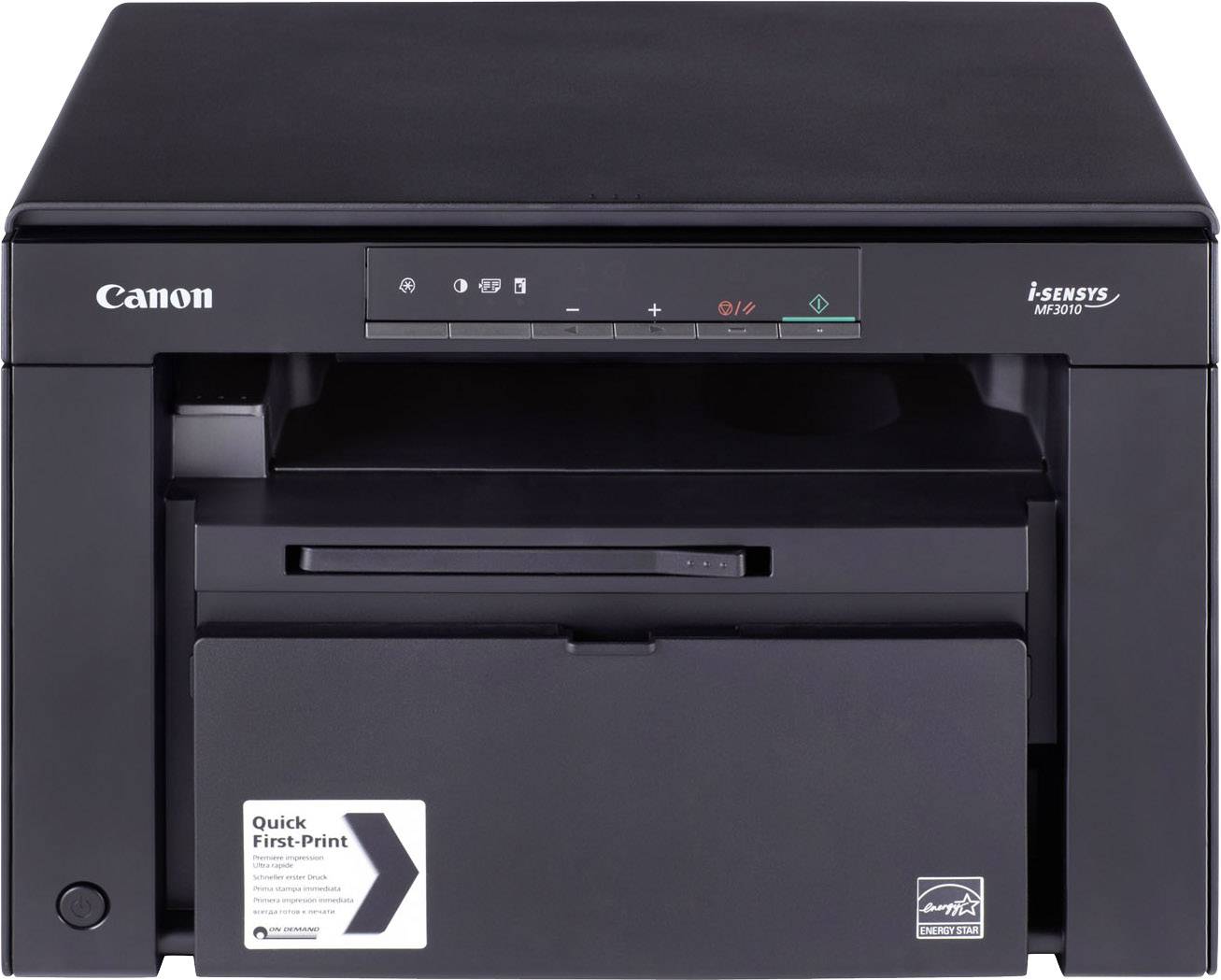 Imprimante Canon i-SENSYS noir, modèle MF3010, avec le bac de sortie papier ouvert, convenant à une utilisation de bureau ou domestique.