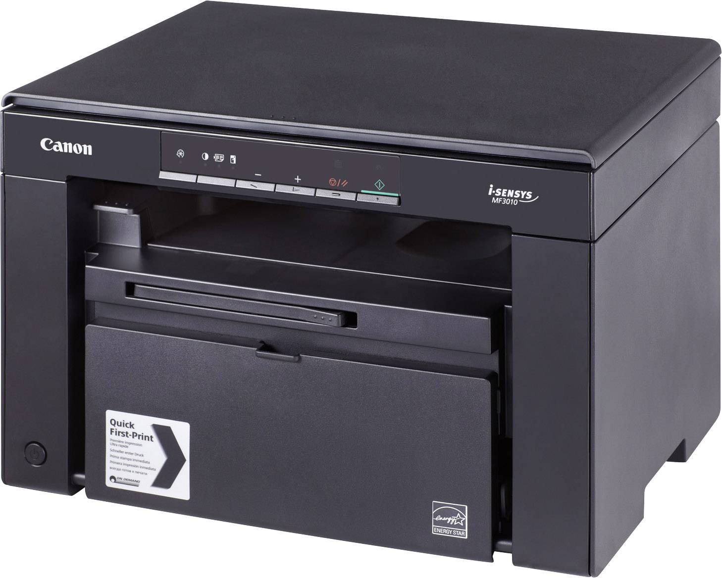 Imprimante Canon i-SENSYS MF3010 noir, compacte, avec panneau de commande en haut et sortie papier à l'avant. Adaptée aux applications de bureau.