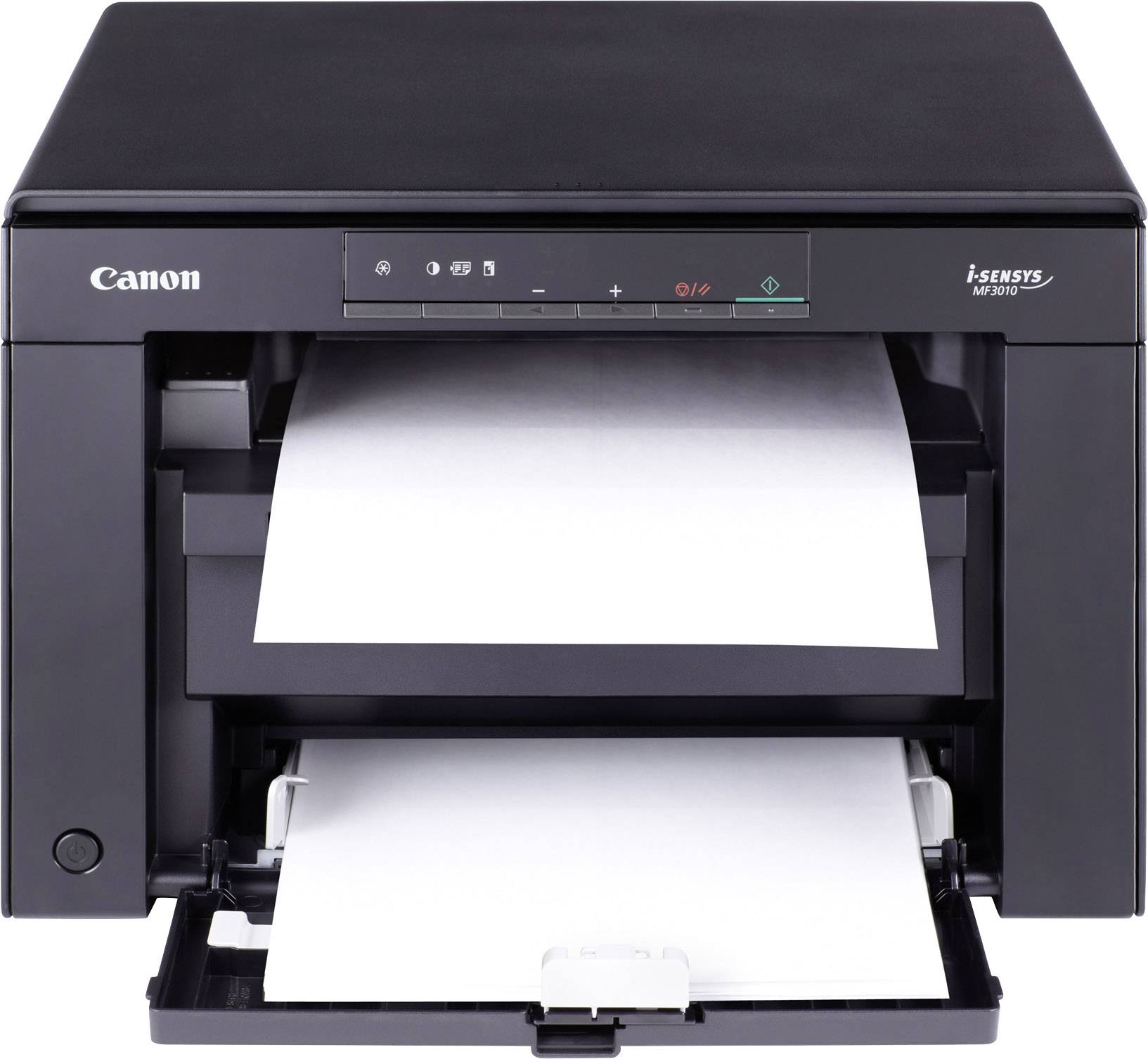 Imprimante Canon i-SENSYS noir avec du papier dans le bac de sortie, prête à imprimer, sur fond blanc.