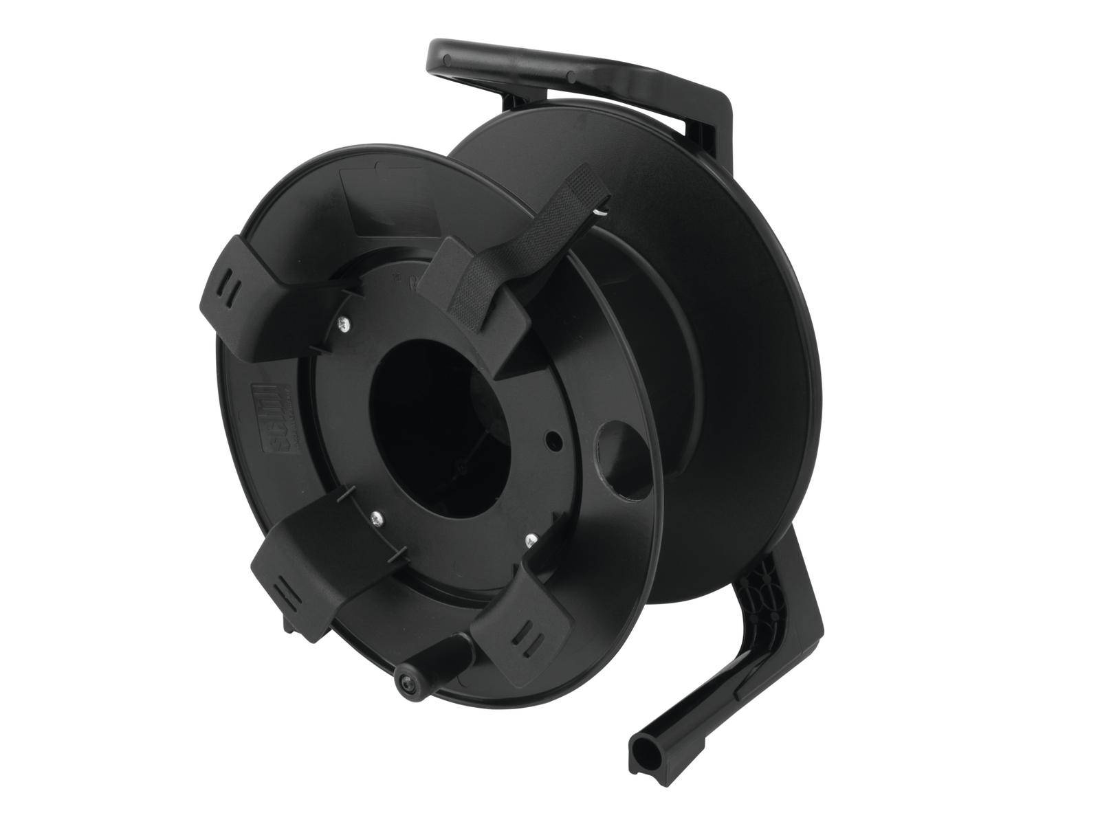 Une bobine de câble noire et vide, équipée d'une poignée et de compartiments de rangement, adaptée au stockage et à l'utilisation flexible des câbles.