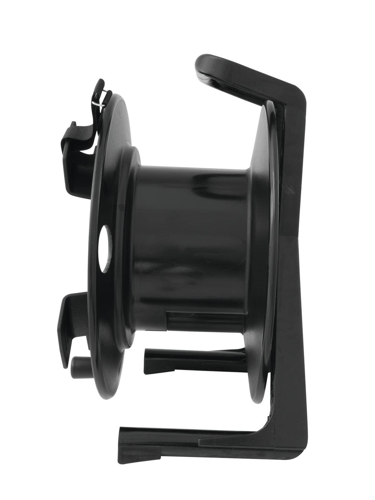 Un support en plastique noir avec plusieurs clips et un cylindre central, représenté de côté. Il est utilisé pour la fixation.