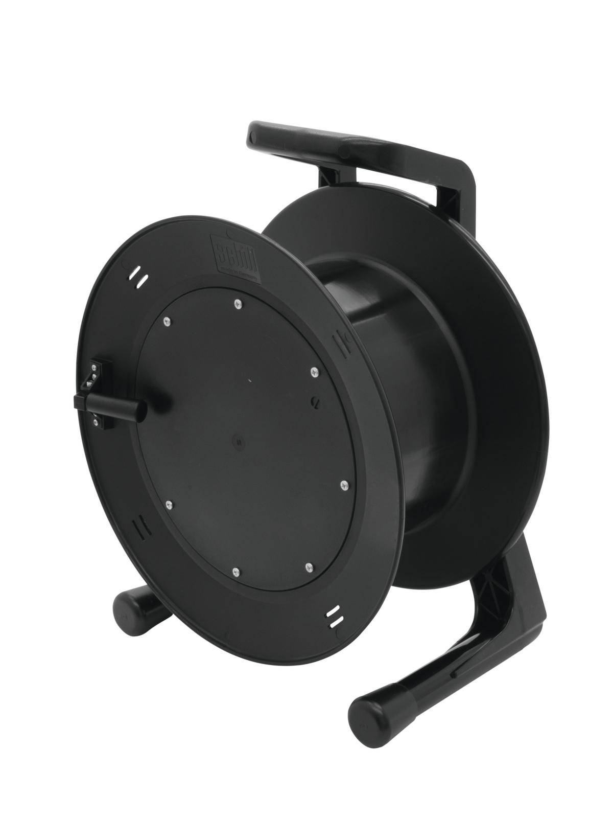 Une bobine de câble noire en plastique avec poignée et pieds de support, sans câble.