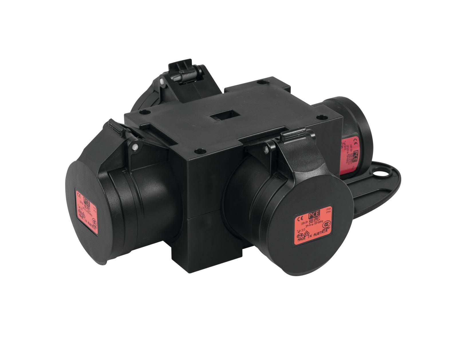 Barrette d'alimentation industrielle triple noire avec couvercles, conçue pour des applications robustes, adaptée à une utilisation en extérieur.