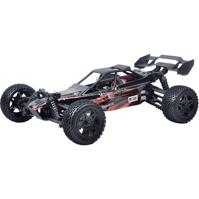 Voiture buggy télécommandée au design noir et rouge. Grandes roues et aileron arrière adaptés aux trajets tout-terrain.