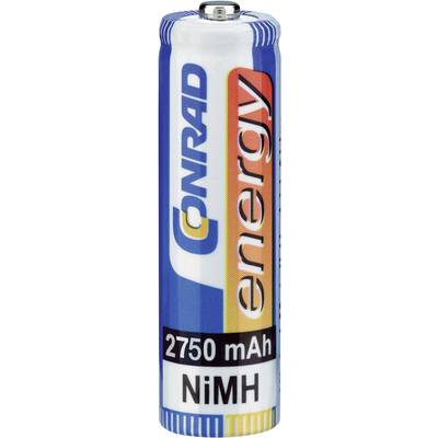 Batterie avec emballage bleu et orange, portant l'inscription '2750 mAh NiMH', de la marque 'Conrad energy'.