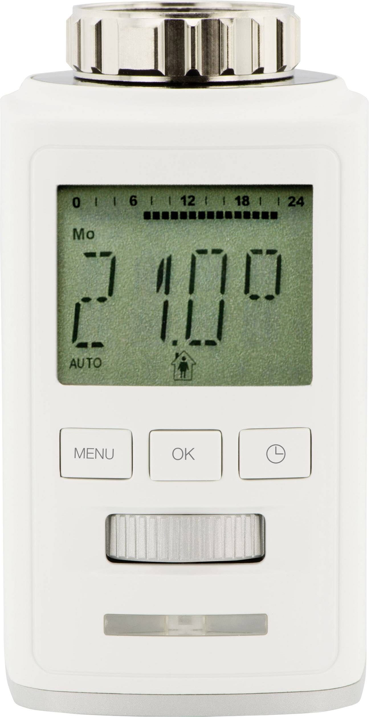 Thermostat de radiateur numérique avec écran. Affiche '21,0°'. Boutons pour 'Menu', 'OK' et 'Retour'. Possibilité de réglage de la température.