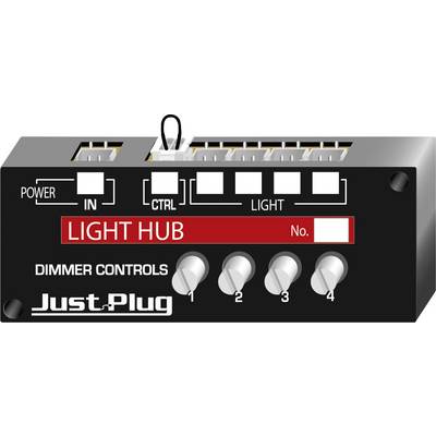 Un hub lumineux "Just Plug" avec quatre boutons rotatifs, une connexion de commande, une connexion lumière et un champ pour la numérotation.