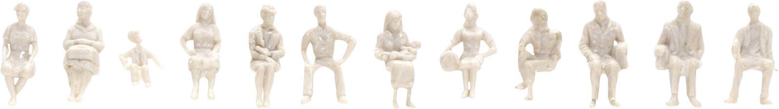Onze figurines assises dans différentes postures corporelles.