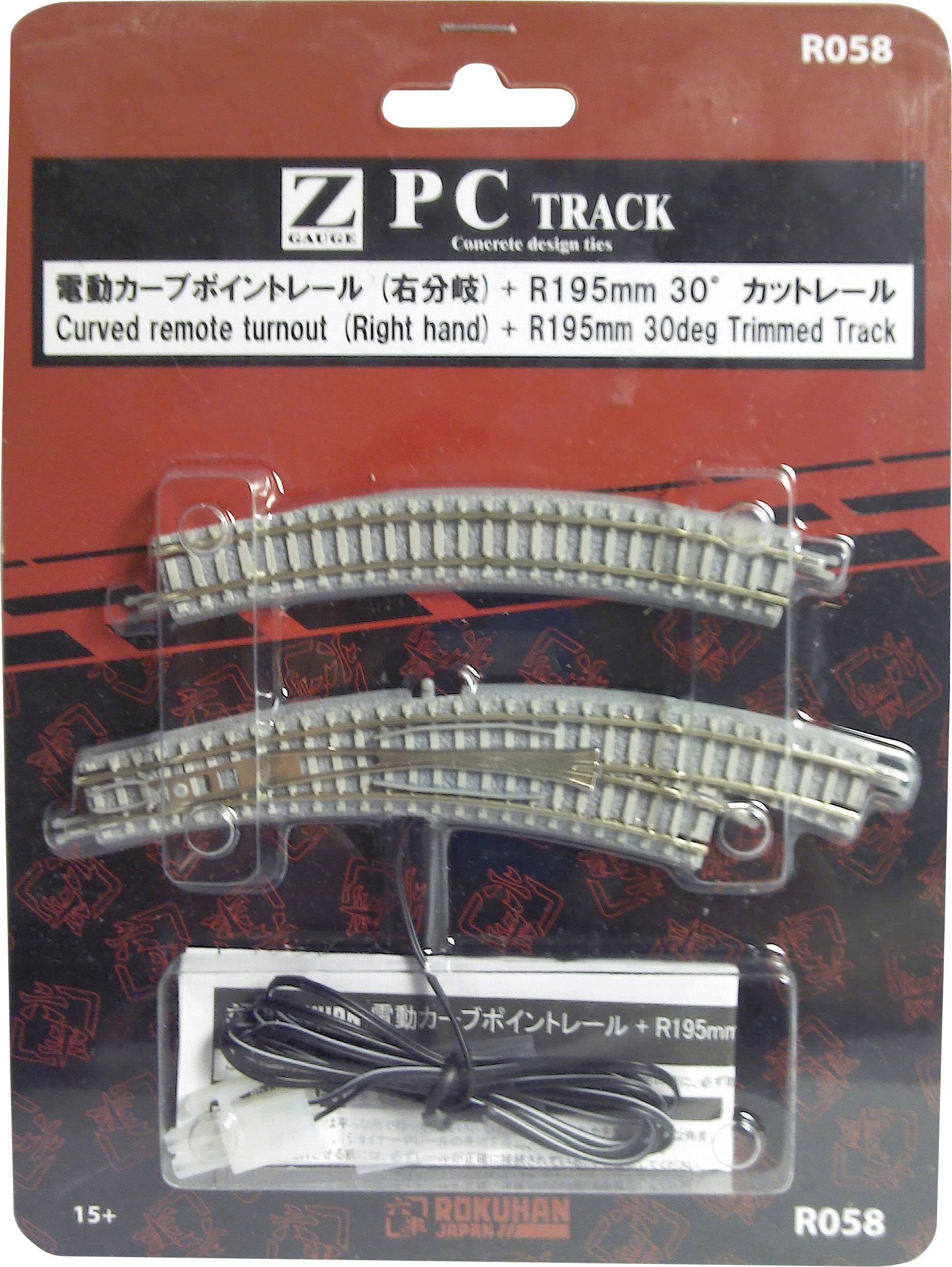 Un emballage contenant deux sections de rail courbes pour trains miniatures, étiqueté 'Aiguillage courbe télécommandé (Droite) + Rail R195mm 30° Tronqué'.