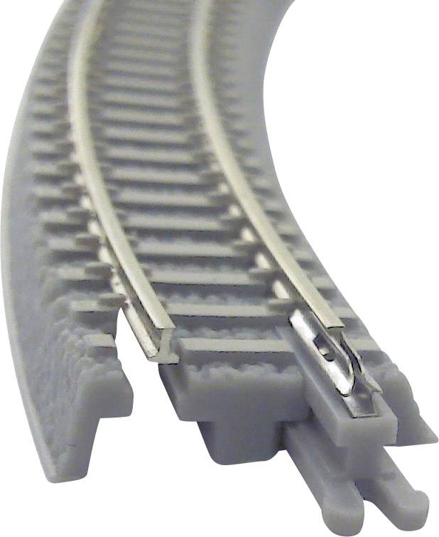 Un rail de train miniature incurvé de couleur grise, plan détaillé. Adapté pour les maquettes ferroviaires ou les projets de loisirs créatifs.