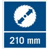 Symbole d'une lame de scie circulaire avec des flèches indiquant le sens de rotation, et le texte '210 mm' en dessous.
