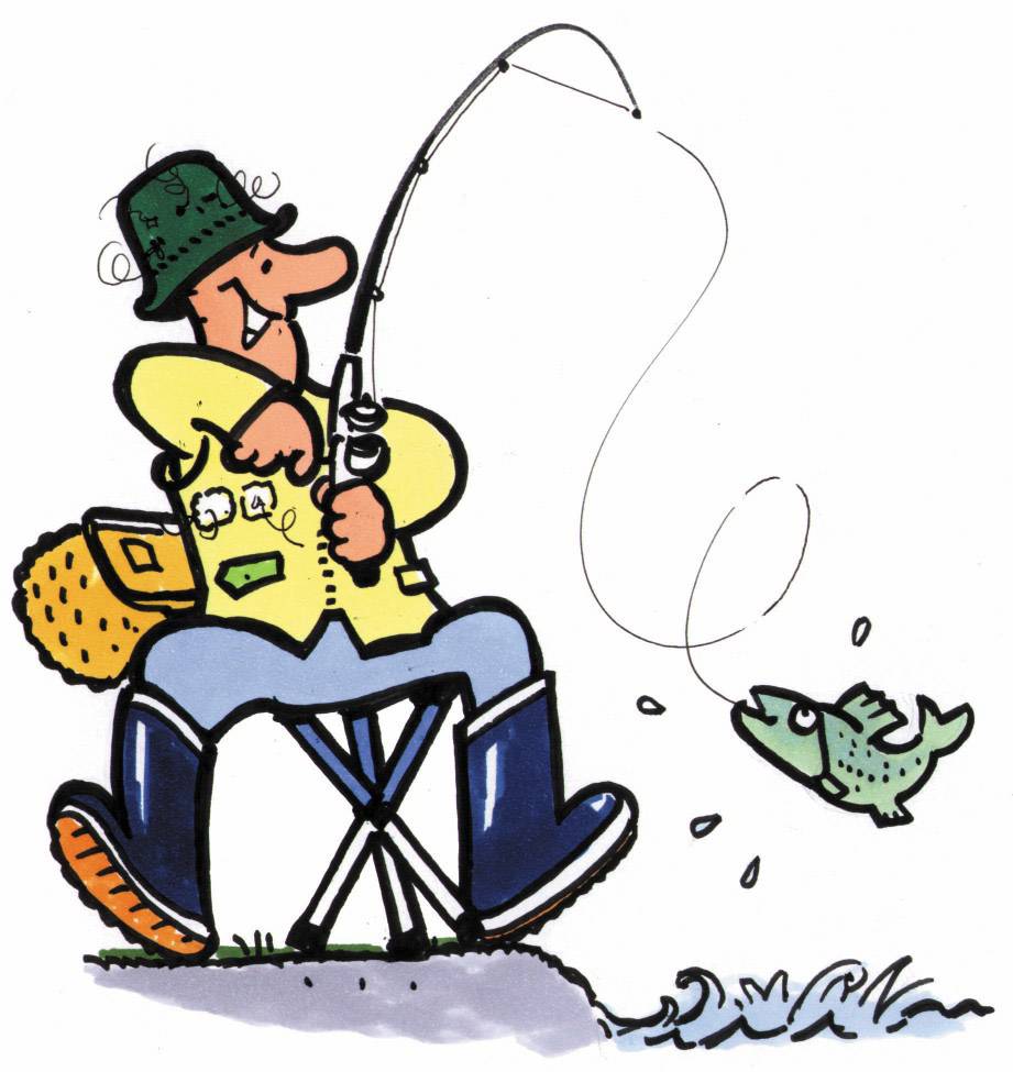Un dessin animé montre un pêcheur souriant assis sur une chaise pliante, tenant un poisson accroché à son hameçon au-dessus de l'eau.