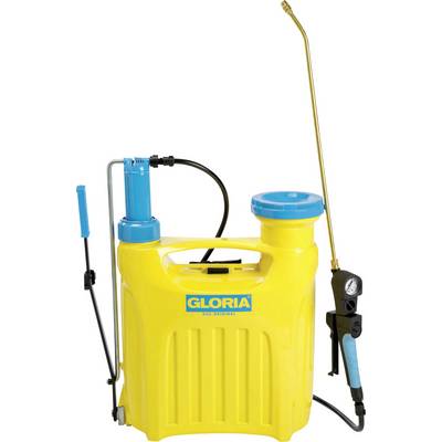 Pulvérisateur jaune avec pompe bleue et long tube de sortie fin, adapté pour la protection des plantes ou le nettoyage.