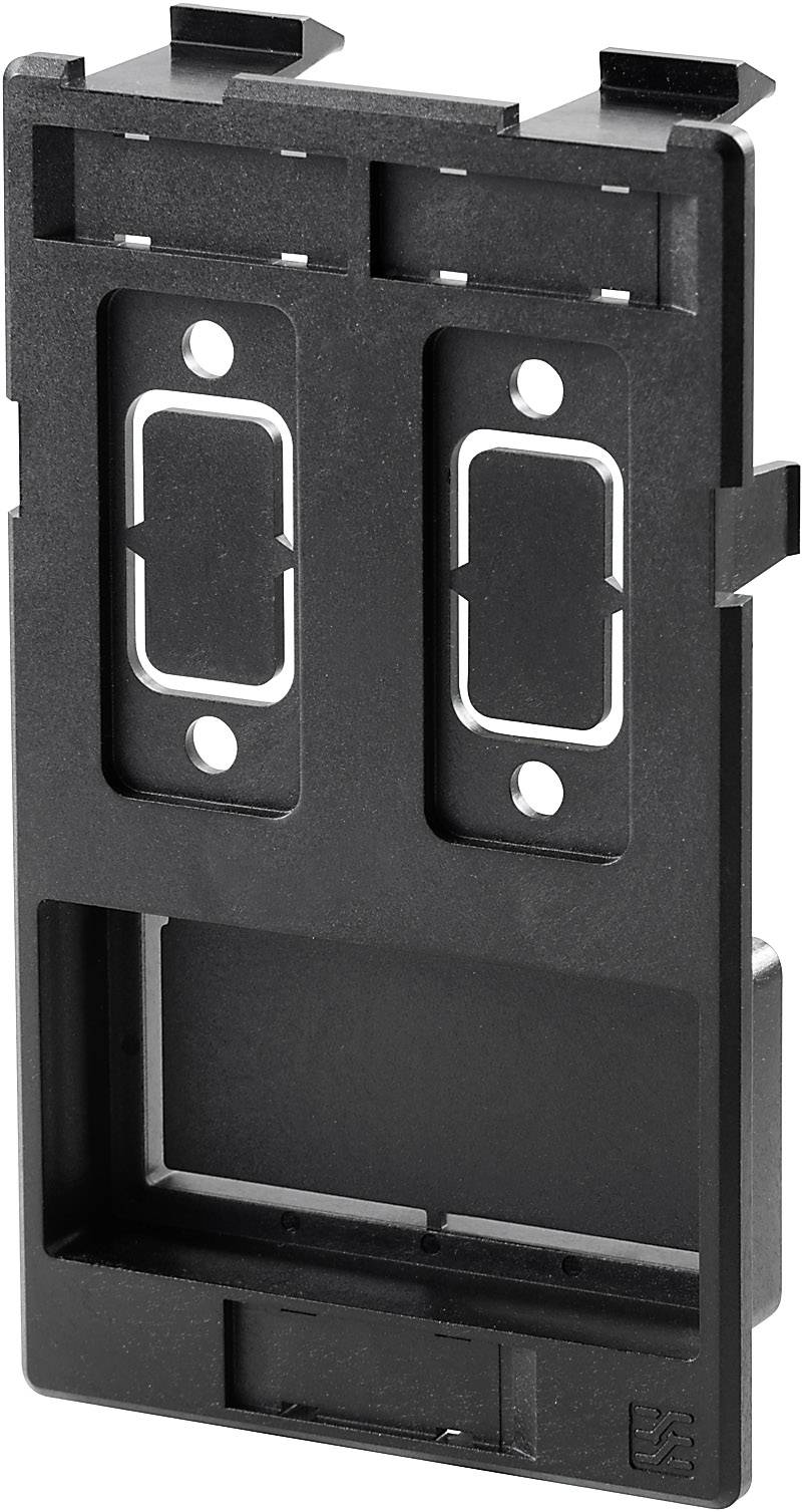 Un support en plastique noir avec des découpes rectangulaires et deux trous verticaux, probablement destiné au montage de composants électroniques.