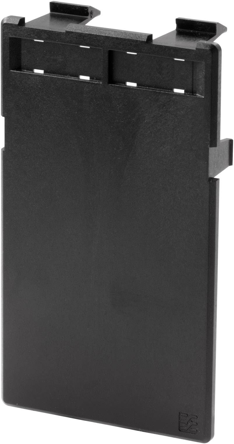 Une pièce en plastique noir, rectangulaire, avec des crochets et des découpes, probablement un couvercle de boîtier ou un composant technique.
