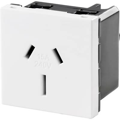 Adaptateur de prise blanc portant l'inscription '15A 240V' avec deux emplacements pour fiches.